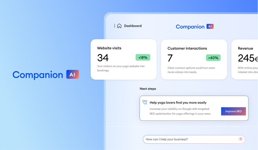 Jimdo Companion dashboard showing business metrics like website visits, customer interactions, and next-step recommendations for growth.